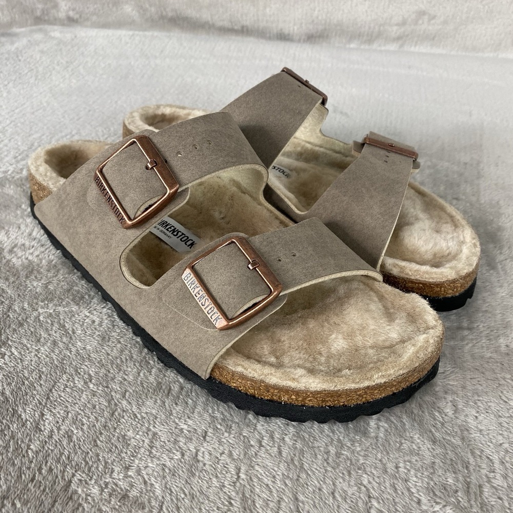 Birkenstock Arizona Shearling Sandals Womens US 10 EU 41 Grey Taupe Narrow NEW
